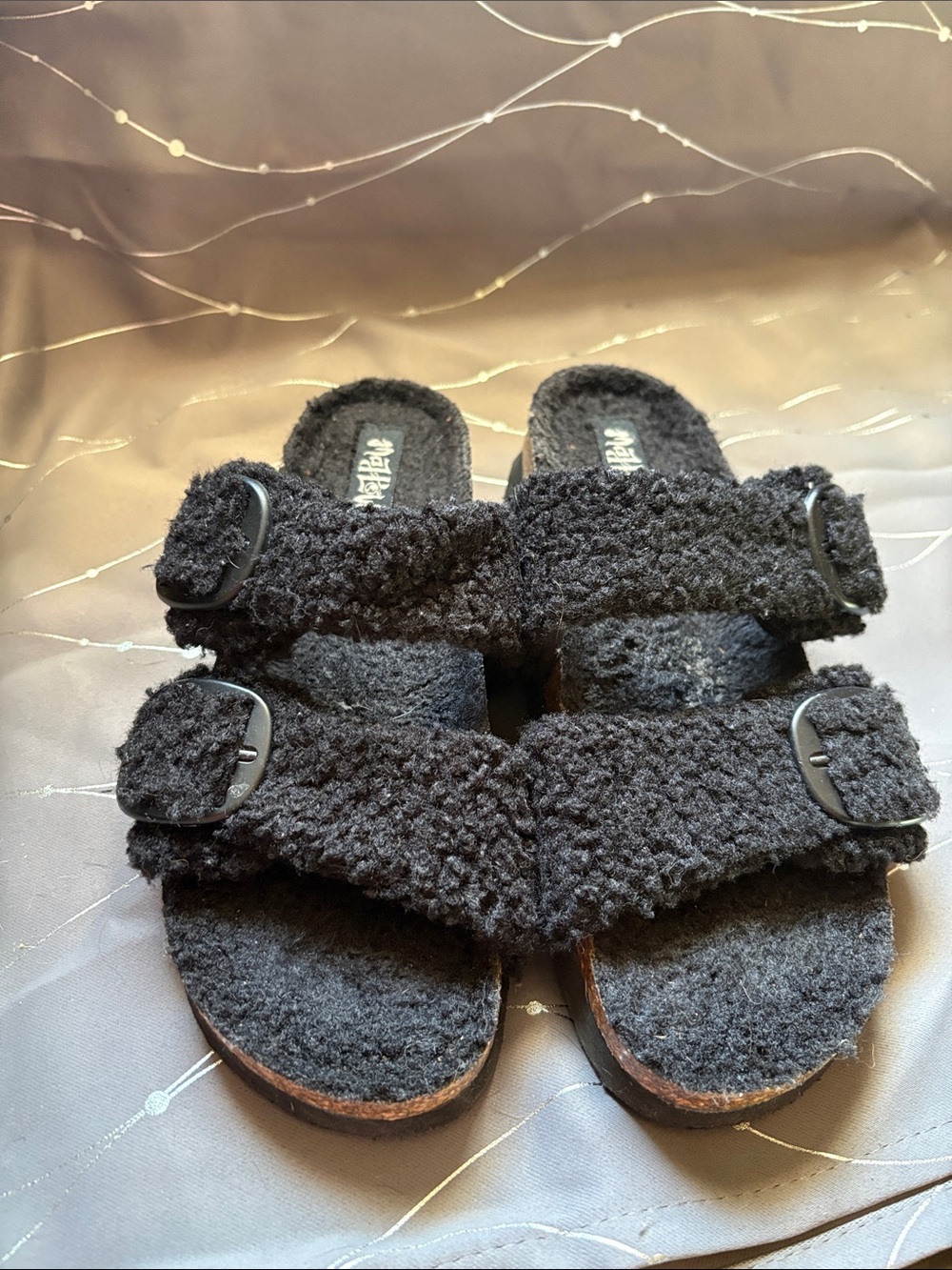 Mad Love Black Fuzzy Double-Buckle Slide Sandals